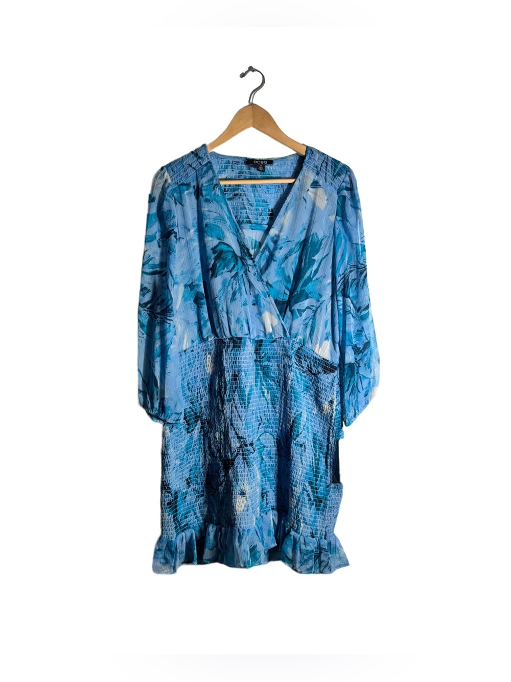 BCBG Floral Chiffon Mini Dress Women's 16 Smocked Long Sleeve Blue Printed NWT - Picture 3 of 7
